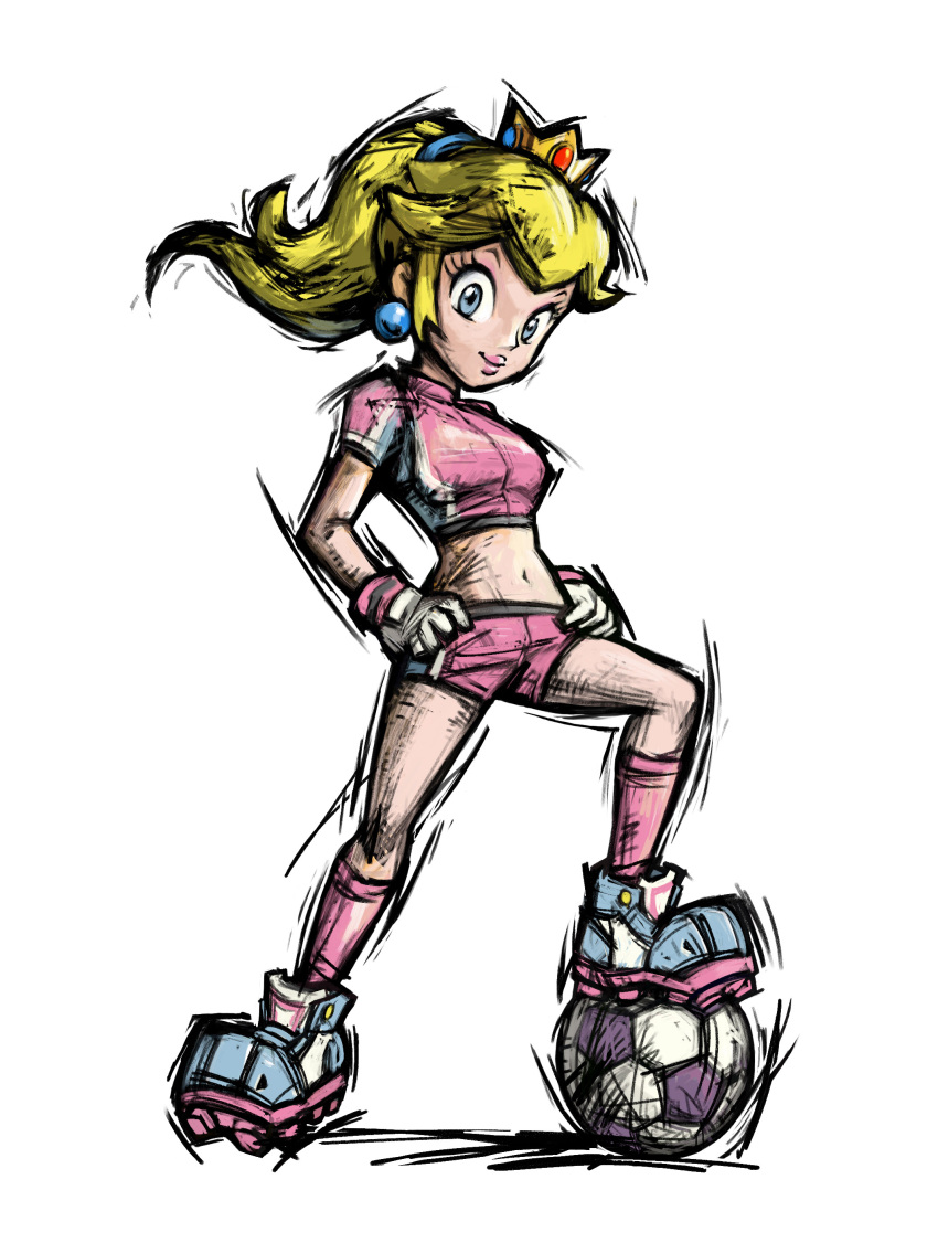1girl absurdres alternate_hairstyle ball bangs bike_shorts blonde_hair blue_eyes cleats crop_top crown earrings eyelashes flipped_hair full_body gem gloves hair_tie hair_up hands_on_hips hat high_ponytail highres jewelry kneehighs legs_apart light_smile lipstick long_hair looking_at_viewer makeup super_mario_bros. mario_strikers_charged masanori_sato midriff navel nintendo official_art pink_legwear pink_lipstick ponytail princess_peach shoes short_sleeves sidelocks simple_background sketch smile sneakers soccer soccer_ball soccer_uniform solo sport sportswear standing super_mario_bros. super_mario_strikers telstar turtleneck uniform white_background white_gloves