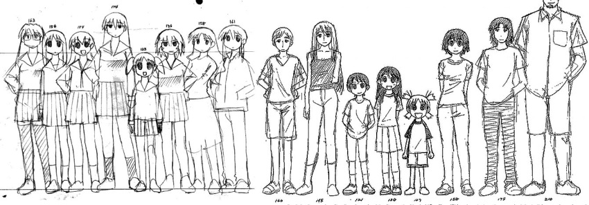 2boys 6+girls ayase_asagi ayase_ena ayase_fuuka azuma_kiyohiko azumanga_daioh chart child everyone eyebrows hayasaka_miura height_chart jumbo kagura kagura_(azumanga_daiou) kasuga_ayumu koiwai_yotsuba kurosawa_minamo lineup mihama_chiyo mizuhara_koyomi monochrome mr_koiwai mrs_ayase multiple_boys multiple_girls sakaki simple_background takino_tomo tanizaki_yukari thick_eyebrows white_background yotsubato!