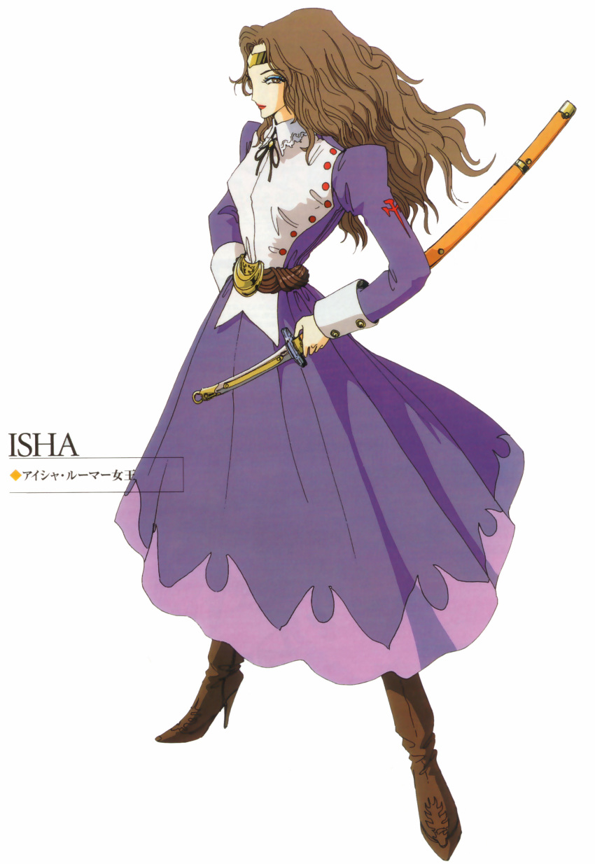 1girl absurdres aisha_(five_star_stories) boots brown_hair dress five_star_stories hand_on_hip high_heels highres hips long_hair nagano_mamoru official_art shoes solo sword weapon