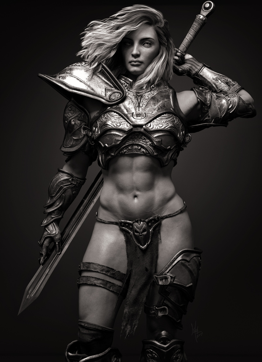 1girl 3d abs armor bikini_armor breastplate cowboy_shot gauntlets greaves hand_on_sword hand_up highres loincloth long_hair looking_at_viewer monochrome realistic shoulder_armor simple_background standing sword sword_behind_back thigh_strap vambraces weapon