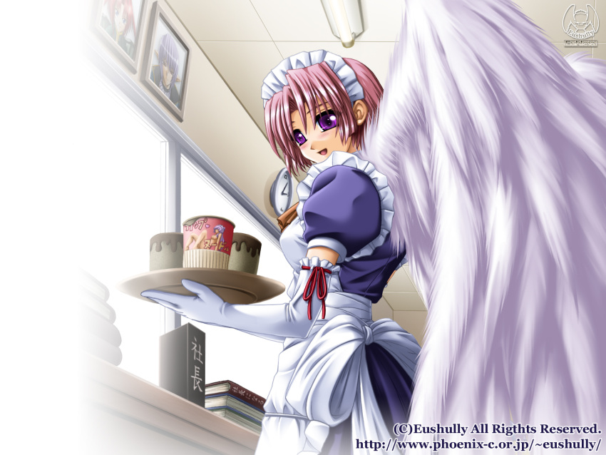 1girl :d angel angel_wings apron ascot bangs blush book boots bow ceiling celica_sylphil clock desk dress elbow_gloves eushully eushully-chan food frills gloves hatozuki_tsumiki highres holding ikusa_megami ikusa_megami_(series) lights looking_back louie_marshrun maid maid_apron maid_headdress meishoku_no_reiki official_art open_mouth photo_(object) pink_hair plate profile ramen ribbon ribbon-trimmed_gloves ribbon_trim short_hair smile solo standing typo violet_eyes waitress wall_clock wallpaper watermark web_address white_gloves window wings