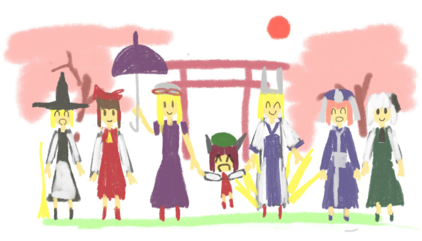 blonde_hair chen child_drawing closed_eyes hakurei_reimu hand_holding happy hat holding_hands kirisame_marisa konpaku_youmu parasol saigyouji_yuyuko smile torii touhou umbrella witch_hat yakumo_ran yakumo_yukari yoshioka_yoshiko zuta