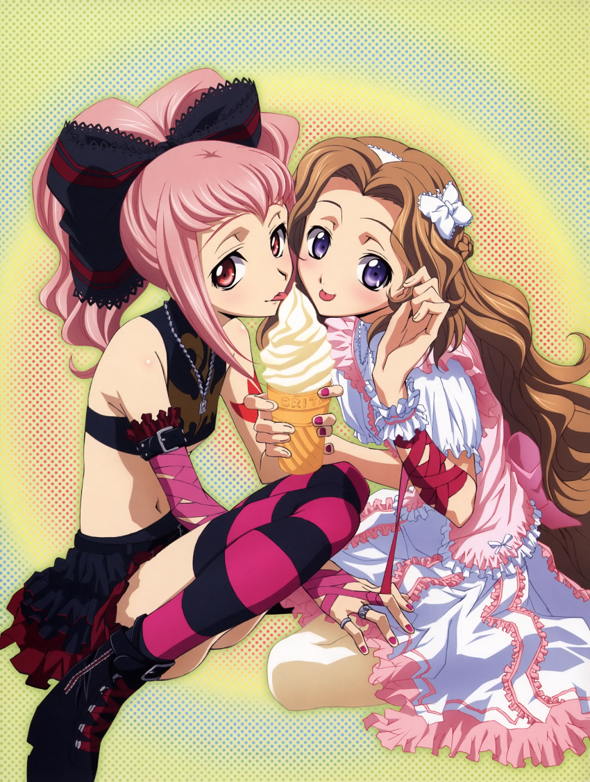 absurdres anya_alstreim arm_ribbon bare_shoulders blue_eyes blush braid brown_hair code_geass dress flat_chest food frills hair_ribbon hairband highres ice_cream jewelry licking long_hair midriff multiple_girls nail_polish navel necklace nunnally_lamperouge official_art pink_hair ponytail red_eyes ribbon skirt striped striped_legwear thigh-highs thighhighs tongue