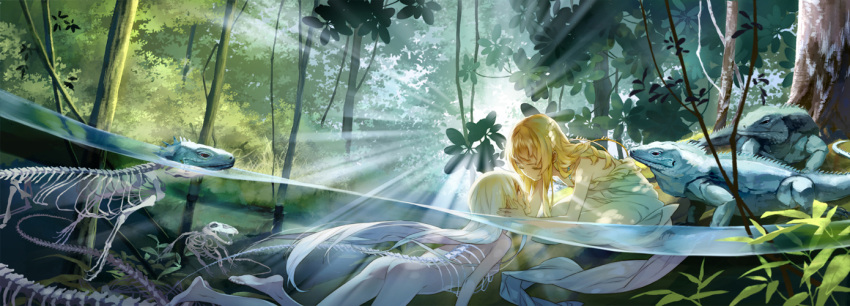 ass blonde_hair dress forest hand_on_another's_cheek hand_on_another's_face iguana_(animal) long_hair nature nude original psd skeleton tree water white_hair