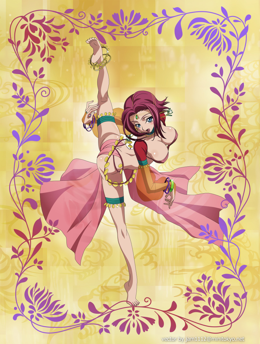 anklet bad_feet barefoot blue_eyes blush breasts cleavage code_geass dancer feet flexible gypsy hanging_breasts highres jewelry kallen_stadtfeld large_breasts red_hair redhead short_hair split thighs vector_trace watermark