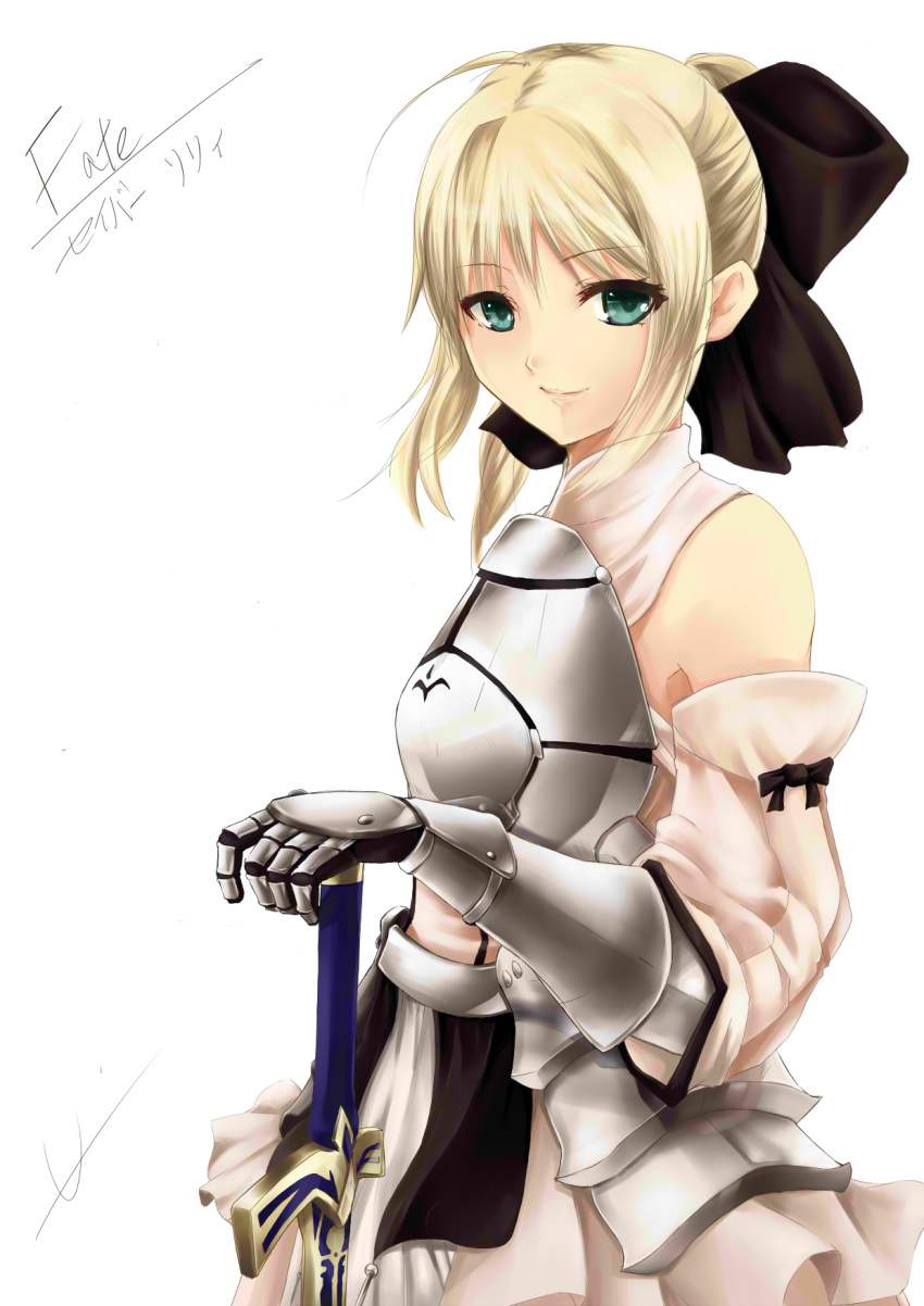 ahoge aqua_eyes armor armored_dress bare_shoulders blonde_hair bow detached_sleeves dress fate/stay_night fate/unlimited_codes fate_(series) gauntlets gloves hair_ribbon hand_on_hilt highres looking_at_viewer ponytail ribbon saber saber_lily short_hair signature simple_background smile solo sword u-1 weapon white_background