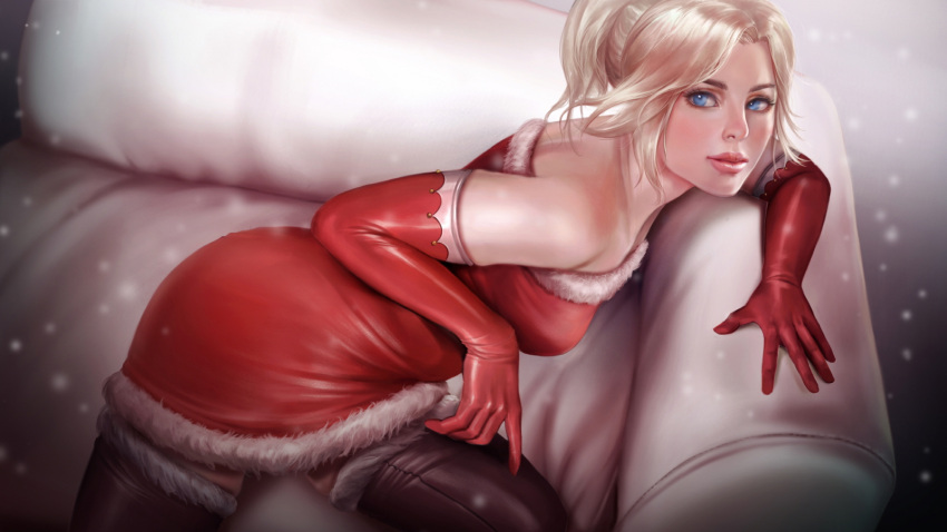 1girl bare_shoulders blonde_hair blue_eyes boots breasts brown_legwear christmas couch dress elbow_gloves eyelashes firolian fur-lined_boots fur-trimmed_dress fur_trim gloves highres lips medium_breasts mercy_(overwatch) nose overwatch parted_lips pink_lips ponytail red_dress red_gloves short_dress short_hair sitting snowing solo strapless strapless_dress thigh-highs thigh_boots