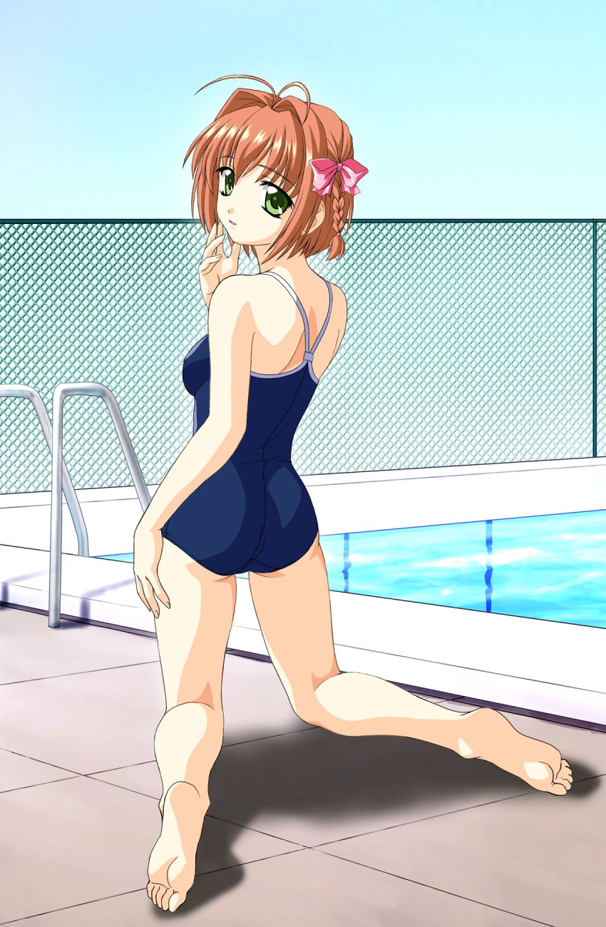 00s 1girl antenna_hair barefoot bow braid chain-link_fence competition_school_swimsuit feet fence from_behind green_eyes hair_bow highres kimi_ga_nozomu_eien looking_at_viewer looking_back norizou_type-r one-piece_swimsuit pool pool_ladder poolside solo suzumiya_haruka swimsuit