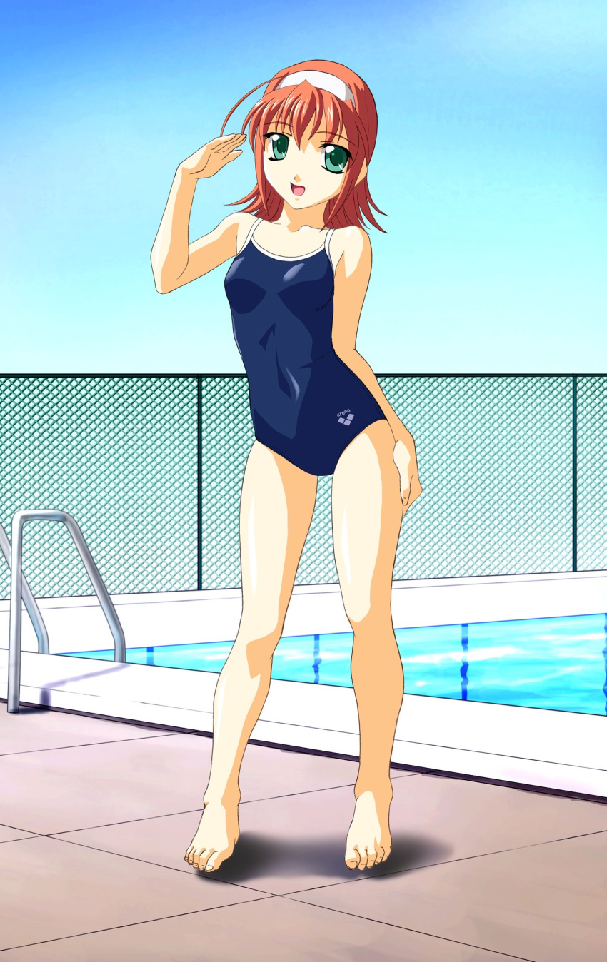 00s 1girl :d ahoge arena_(company) bangs barefoot blue_sky blue_swimsuit breasts brown_hair chain-link_fence clothes_writing collarbone competition_school_swimsuit competition_swimsuit covered_navel day emblem feet fence flipped_hair full_body green_eyes hairband hand_on_own_thigh hand_up happy head_tilt highres kimi_ga_nozomu_eien legs legs_apart looking_at_viewer norizou_type-r one-piece_swimsuit open_mouth orange_hair outdoors pool pool_ladder poolside salute shadow sky small_breasts smile solo standing suzumiya_akane swimsuit tile_floor tiles water