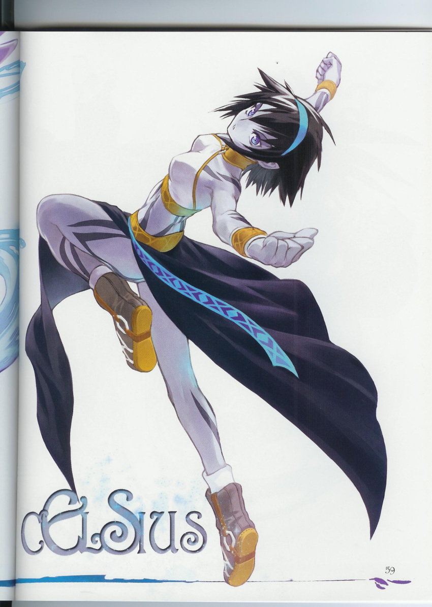 1girl black_hair blue_eyes blue_skin celsius celsius_(tales) character_name fighting_stance fujishima_kousuke hairband highres looking_back midriff official_art scan shoes short_hair solo tales_of_(series) tales_of_symphonia