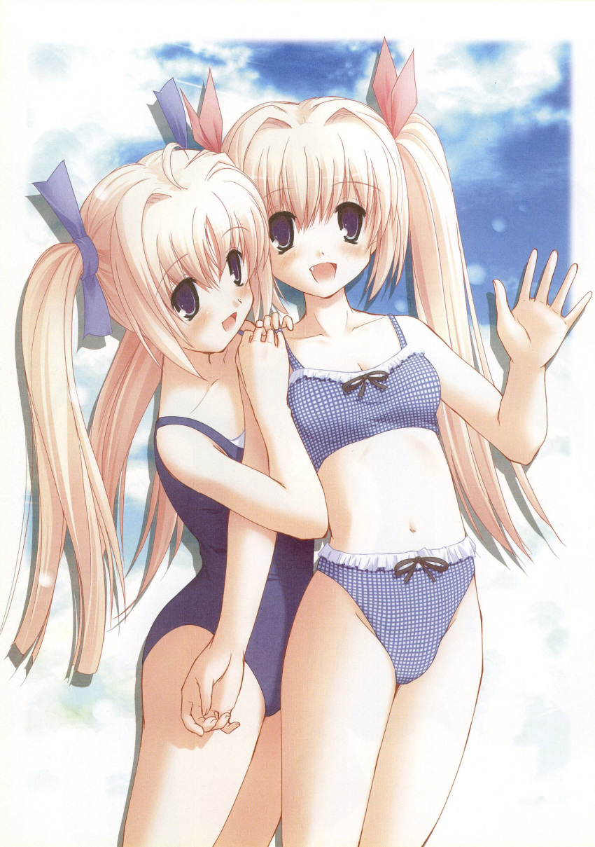 2girls ahoge bikini blonde_hair blue_eyes blush checkered checkered_bikini clover_(series) clover_heart's clover_hearts fang highres long_hair mikoshiba_rea mikoshiba_rio multiple_girls nimura_yuuji one-piece_swimsuit saiga_(company) school_swimsuit siblings sisters swimsuit tankini thighs twins twintails waving