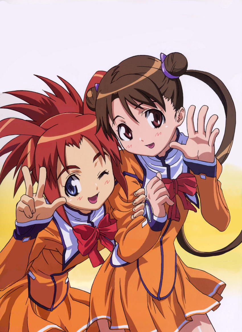 00s 2girls ;d arisa_glennorth bangs blue_eyes blush bow bowtie brown_eyes brown_hair head_tilt highres katase_shima long_hair long_sleeves multiple_girls one_eye_closed open_mouth orange_shirt parted_bangs pose red_bow redhead shirt simple_background smile twintails uchuu_no_stellvia uniform v very_long_hair white_background