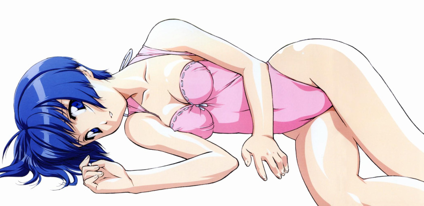 1girl ai_yori_aoshi arm_support bare_legs bare_shoulders blue_eyes blue_hair breasts casual_one-piece_swimsuit cleavage collarbone female fingernails fumizuki_kou hands highleg highleg_swimsuit highres hips legs long_image looking_at_viewer lying on_side one-piece_swimsuit parted_lips pink_swimsuit sakuraba_aoi shiny shiny_skin short_hair simple_background solo swimsuit thighs white_background wide_image