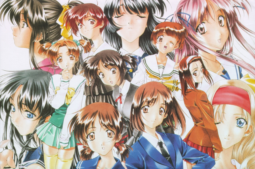 6+girls 90s adachi_taeko ayasaki_wakana blazer endou_akira everyone hosaka_miyuki hoshino_asuka kai_tomohisa matsuoka_chie morii_kaho multiple_girls nagakura_emiru nanase_yuu one_eye_closed sawatari_honoka school_uniform sentimental_graffiti serafuku sugihara_manami thigh-highs yamamoto_rurika zettai_ryouiki