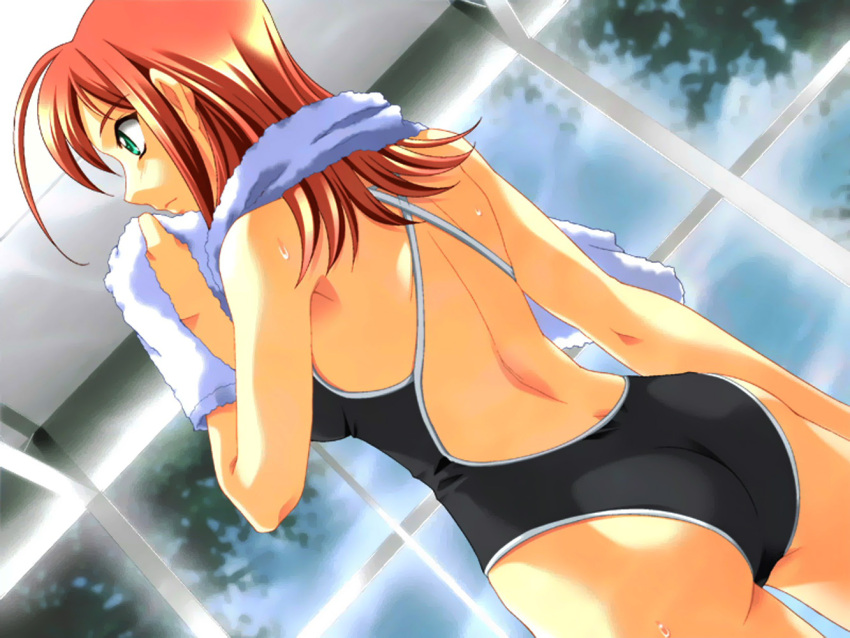 00s 1girl ass back competition_school_swimsuit crossback from_behind green_eyes kimi_ga_nozomu_eien long_hair one-piece_swimsuit redhead solo suzumiya_akane swimsuit towel
