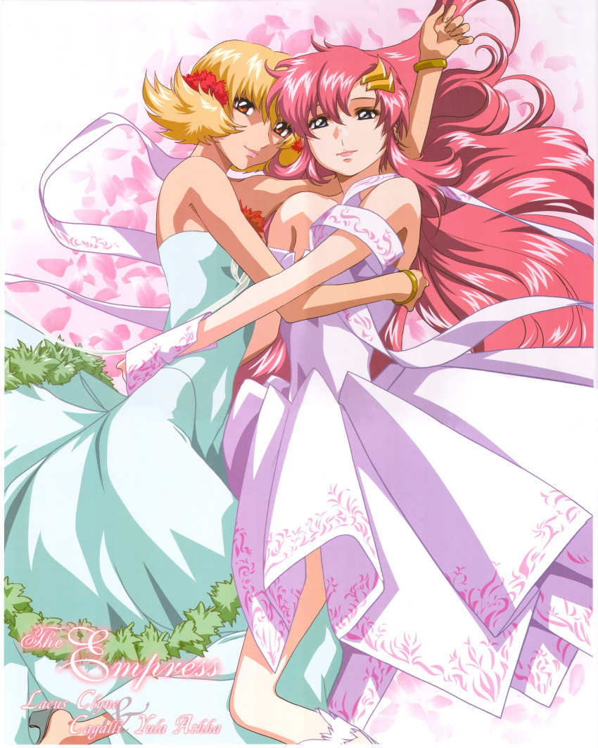 00s 2girls absurdres arm_up bare_shoulders blonde_hair bracelet cagalli_yula_athha character_name detached_sleeves dress fur_trim green_dress gundam gundam_seed highres hug jewelry lacus_clyne lips long_hair looking_at_viewer multiple_girls pink_dress redhead scrunchie short_hair smile standing two_side_up very_long_hair
