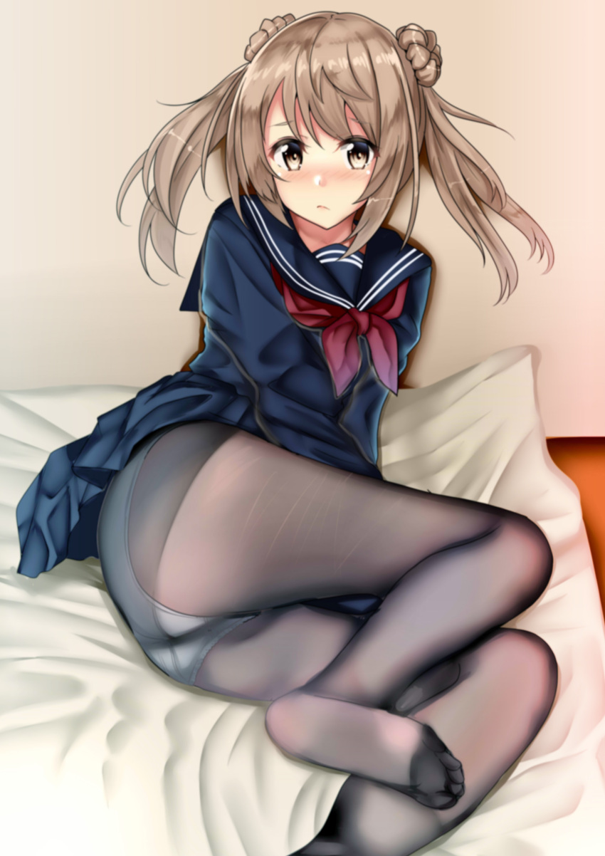1girl absurdres arm_between_legs bangs blue_sailor_collar blue_shirt blue_skirt blush brown_eyes brown_hair closed_mouth clothes_lift double_bun eyebrows_visible_through_hair hair_between_eyes highres himura_moritaka kantai_collection long_hair looking_at_viewer lying michishio_(kancolle) neckerchief no_shoes nose_blush on_bed on_side panties panties_under_pantyhose pantyhose red_neckerchief sailor_collar school_uniform serafuku shirt simple_background skirt skirt_lift thighs underwear v_arms