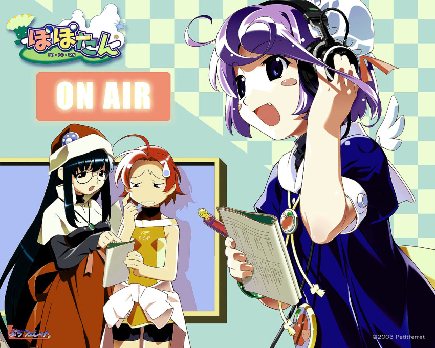 00s 2003 3girls ahoge ai_(popotan) album_cover badge bike_shorts black_hair blue_eyes blush blush_stickers book bun_cover button_badge checkered clothes_around_waist cover fang glasses hand_on_ear hat headphones jacket jacket_around_waist jewelry long_hair mai_(popotan) mii_(popotan) multiple_girls necklace open_mouth pen pointing popotan purple_hair redhead short_hair sweatdrop very_long_hair watanabe_akio window wings