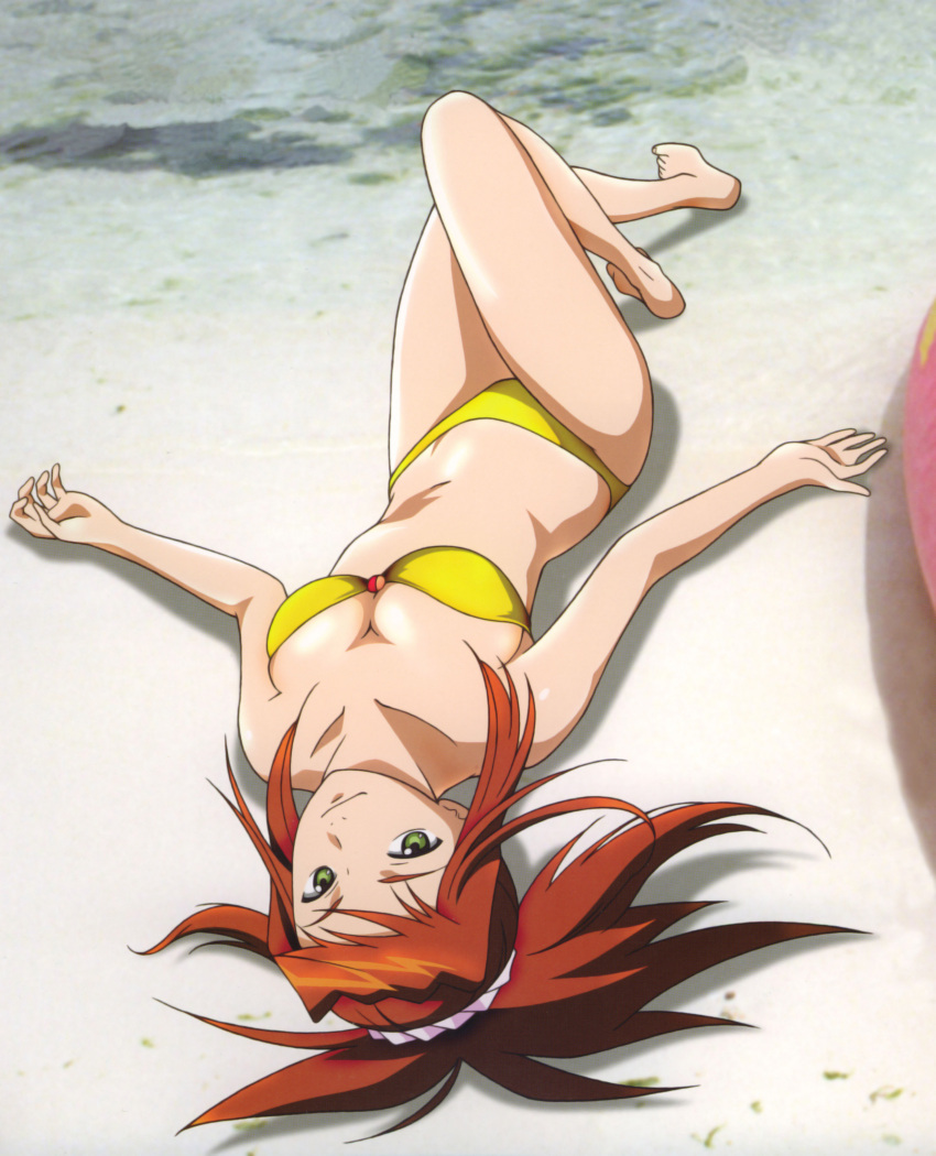 00s 1girl absurdres bandeau bangs barefoot beach bikini breasts brown_hair cleavage feet foreshortening from_above green_eyes highres hisayuki_hirokazu legs long_hair looking_at_viewer lying my-hime on_back on_ground orange_hair outdoors outstretched_arms photo_background ponytail scrunchie shadow smile solo spread_arms sugiura_midori swimsuit