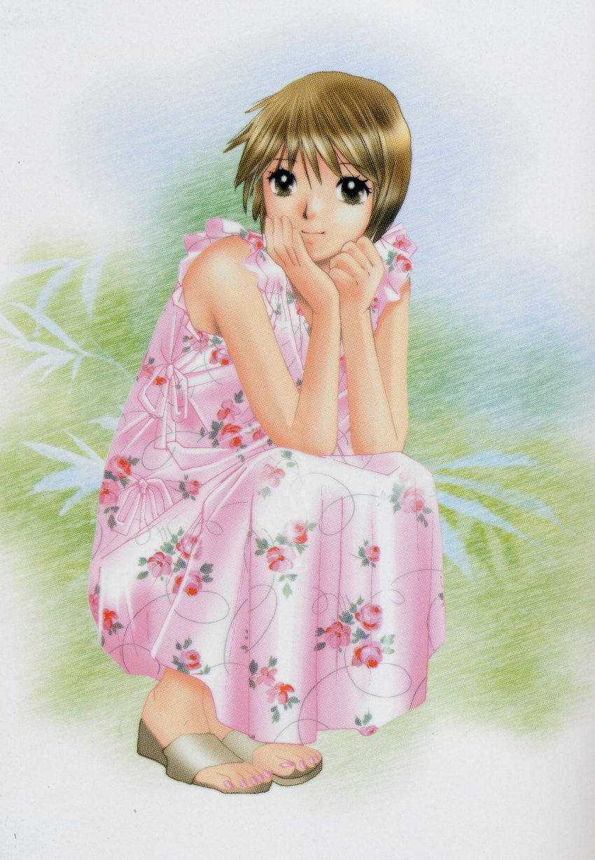 1girl barefoot_sandals brown_hair colored_pencil_(medium) comic dress floral_print full_body highres looking_at_viewer nail_polish pink_nails sandals scan short_hair simple_background sleeveless sleeveless_dress smile solo squatting sweet_pain_little_lovers toenail_polish traditional_media