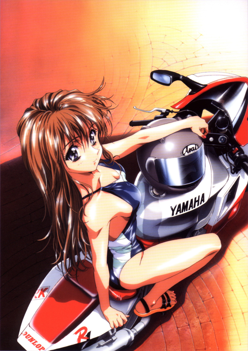 1girl 90s blue_eyes breasts brown_hair cleavage feet from_above ground_vehicle highres kawarajima_kou long_hair motor_vehicle motorcycle nail_polish one-piece_swimsuit pink_nails sandals smile solo swimsuit toenail_polish vehicle