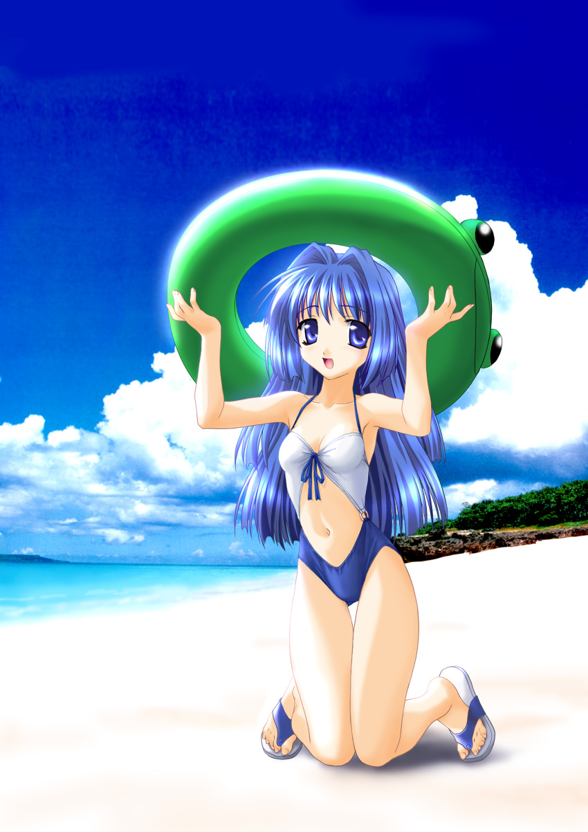 1girl absurdres beach breasts casual_one-piece_swimsuit cleavage clouds hair_intakes highres innertube kanon kneeling medium_breasts minase_nayuki navel norizou_type-r ocean one-piece_swimsuit outdoors photo_background sandals sky solo swimsuit thigh_gap thighs water