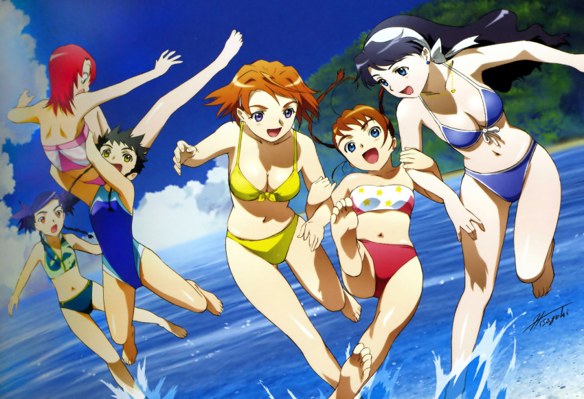 6+girls :d :o age_difference ahoge arika_yumemiya arm_holding armpits arms_up back bandeau bangs barefoot beach bikini black_hair black_swimsuit blue_bikini blue_eyes blue_hair blue_swimsuit blush bow braid breasts brown_hair carrying cleavage clouds competition_swimsuit day dutch_angle ear_studs earrings feet flat_chest floating_hair foreshortening front-tie_bikini front-tie_top green_eyes hair_ornament hairband hairclip happy highres hisayuki_hirokazu jewelry juliet_nao_zhang jumping leaning_forward legs_apart lena_sayers long_hair looking_at_another looking_at_viewer minagi_mikoto multiple_girls my-hime my-otome navel necklace nina_wang ocean official_art one-piece_swimsuit open_mouth orange_hair outdoors outstretched_arms pink_bikini print_bikini red_bikini red_eyes redhead scan short_hair side_braid sky small_breasts smile soles spiky_hair splashing spread_arms star star_print strapless stud_earrings surprised swimsuit tankini tokiha_mai tree tubetop twin_braids violet_eyes water wavy_hair yellow_bikini yellow_eyes