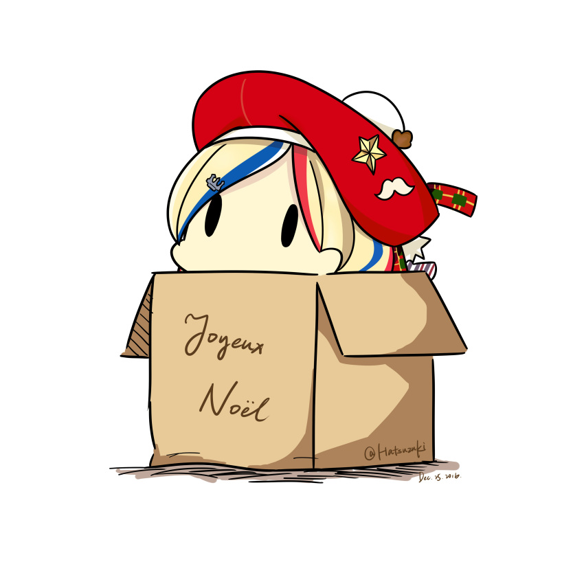 1girl 2016 absurdres anchor_hair_ornament bangs beret blonde_hair blue_hair box cardboard_box commandant_teste_(kantai_collection) dated french hair_ornament hat hatsuzuki_527 highres in_box in_container kantai_collection long_hair looking_up multicolored_hair peeking_out pom_pom_(clothes) redhead simple_background solid_oval_eyes streaked_hair swept_bangs translated twitter_username wavy_hair white_background white_hair