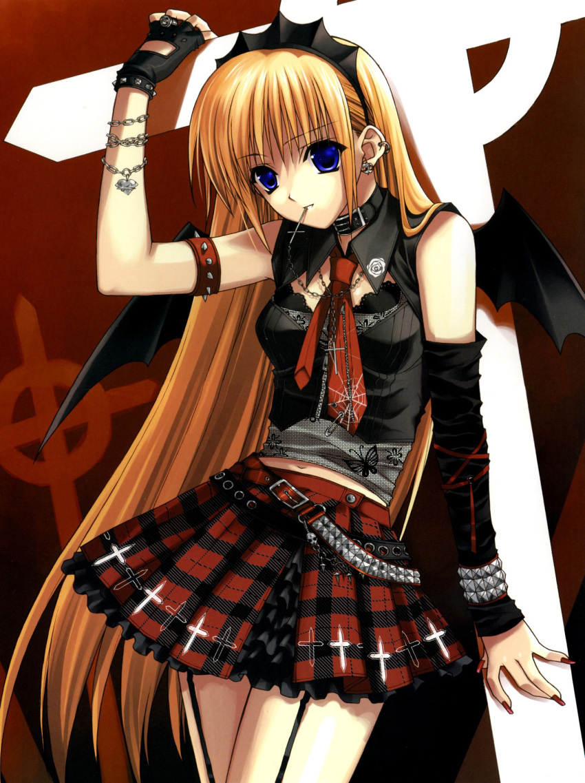1girl armband bat_wings belt blonde_hair blue_eyes collar cross detached_sleeves earrings fingerless_gloves garter_straps gloves gothic hairband highres jewelry long_hair long_nails midriff miniskirt mouth_hold nail_polish necktie plaid red_nails skirt smile solo suzuhira_hiro very_long_hair wings
