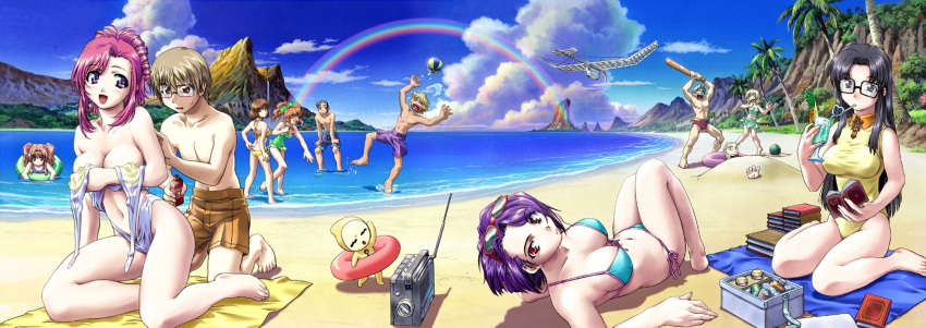 00s 5boys 6+girls afloat airplane ball barefoot baseball_bat beach beachball bikini black_hair blindfold blonde_hair blue book bow breast_hold breasts brown_hair buried casual_one-piece_swimsuit cleavage clouds cooler creator_connection crossover drake_anderson drink drinking_straw embarrassed everyone feet food front-tie_top fruit glasses hair_bobbles hair_bow hair_ornament herikawa_koishi highres impossible_clothes innertube joseph_carpenter kazami_mizuho kneeling kusanagi_kei large_breasts long_hair long_image lotion lying magumo_hyosuke marie marie_(onegai_teacher) misumi_kaede morino_ichigo mountain multiple_boys multiple_girls muscle nancy_makuhari on_back one-piece_swimsuit onegai_teacher open_mouth orange_hair outdoors palm_tree pink_hair ponytail purple_hair radio rainbow read_or_die reading sand sarong school_swimsuit shidou_matagu shirtless short_hair side-tie_bikini sitting sky standing straw sunglasses sunglasses_on_head swimsuit teacher teacher_and_student towel tree twintails untied uon_taraku water watermelon wavy_hair wendy_earhart wide_image yomiko_readman