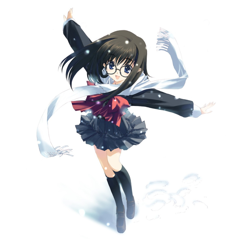 1girl :d bangs black-framed_eyewear black-framed_glasses black_hair black_legwear blue_eyes blush bow brown_hair eyebrows eyebrows_visible_through_hair footprints from_above full_body glasses grey_skirt happy highres kneehighs kurihara_touko legs_together loafers long_hair long_sleeves miniskirt mitsumi_misato nakamura_takeshi open_mouth outstretched_arms pleated_skirt red_bow round_glasses scarf school_uniform serafuku shadow shoes skirt sleeve_cuffs smile snow snowing solo spread_arms standing tenshi_no_inai_12-gatsu thigh-highs touko_kurihara white_scarf