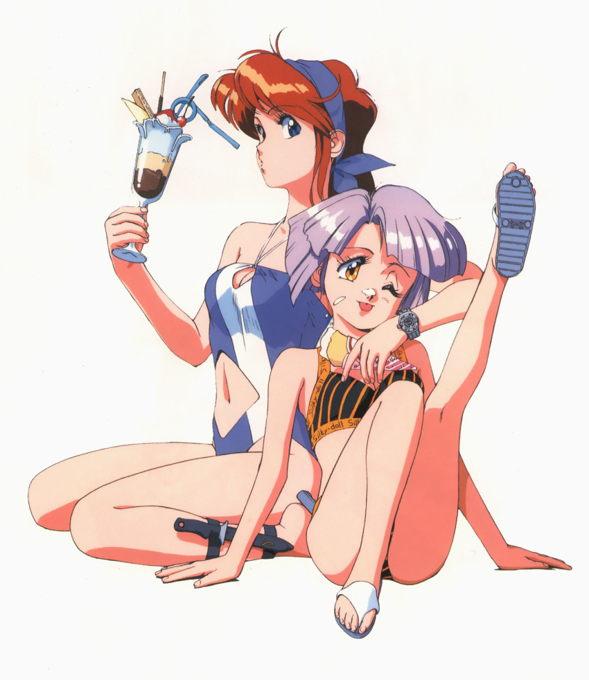 2girls 80s ;p android bikini blue_eyes breasts casual_one-piece_swimsuit catty cherry cleavage cleavage_cutout dessert drinking_straw feet flat_chest food fruit gall_force hairband halter_top halterneck highres hug hug_from_behind ice_cream kneeling knife leg_up legs long_hair long_legs messy multiple_girls navel oldschool one-piece_swimsuit one_eye_closed pocky purple_hair redhead sandals sandy_newman sheath short_hair simple_background sitting sonoda_ken'ichi straw striped striped_bikini striped_swimsuit swimsuit tongue tongue_out watch watch wink yellow_eyes