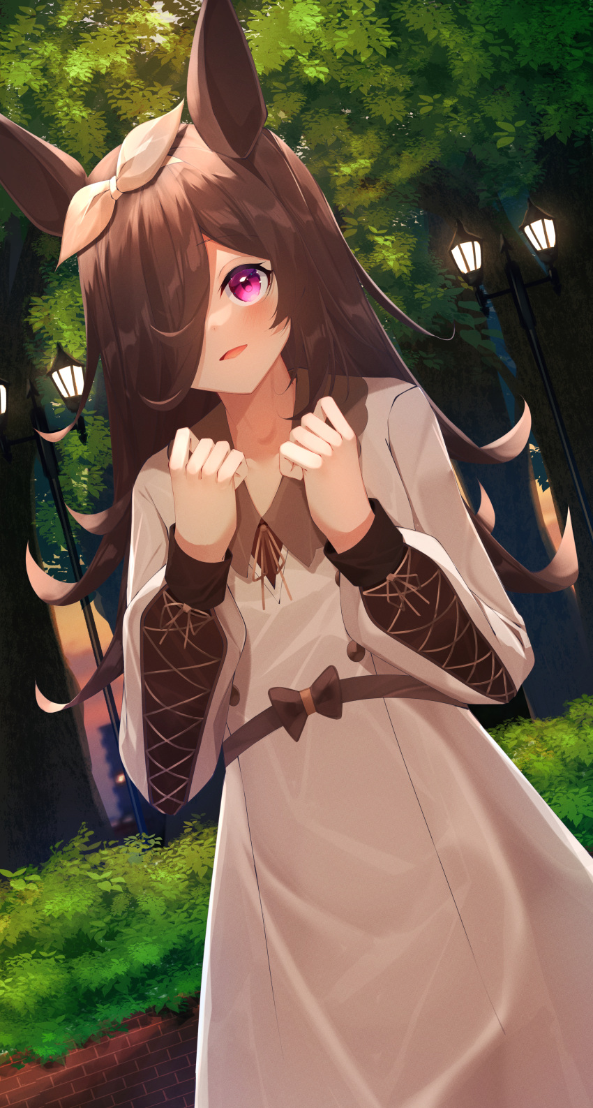 1girl absurdres animal_ears bangs blush brown_dress brown_hair brown_ribbon collared_dress commentary_request dress dutch_angle eyebrows_visible_through_hair hair_over_one_eye hair_ribbon hands_up highres horse_ears lamppost long_hair long_sleeves looking_at_viewer neck_ribbon outdoors puffy_long_sleeves puffy_sleeves ribbon rice_shower_(umamusume) smile solo suisen-21 sunset tree umamusume violet_eyes