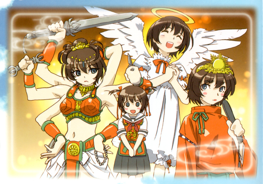 angel brown_hair crown extra_arms genderswap goddess grey_eyes halo hat hitotsubashi_yurie kamichu! midriff shiva sword tiara uon_taraku weapon wings