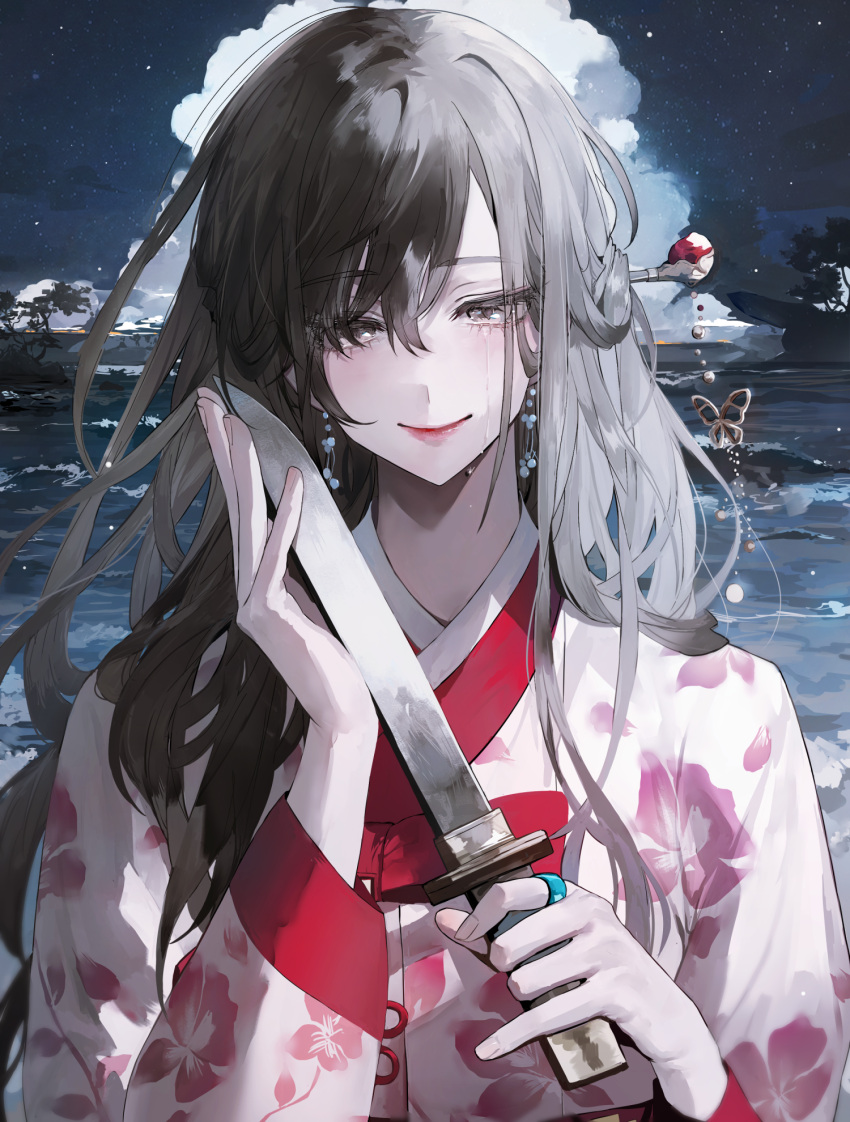 1girl bangs beads blush breasts brown_eyes closed_mouth clouds commentary crying crying_with_eyes_open earrings english_commentary eyebrows_visible_through_hair floral_print grey_hair hair_between_eyes hair_ornament hair_over_one_eye hairpin hands_up highres holding holding_knife holding_weapon japanese_clothes jewelry kimono knife long_hair looking_away muaooooo night night_sky original outdoors pink_kimono ring sky small_breasts solo star_(sky) tears tree upper_body water weapon
