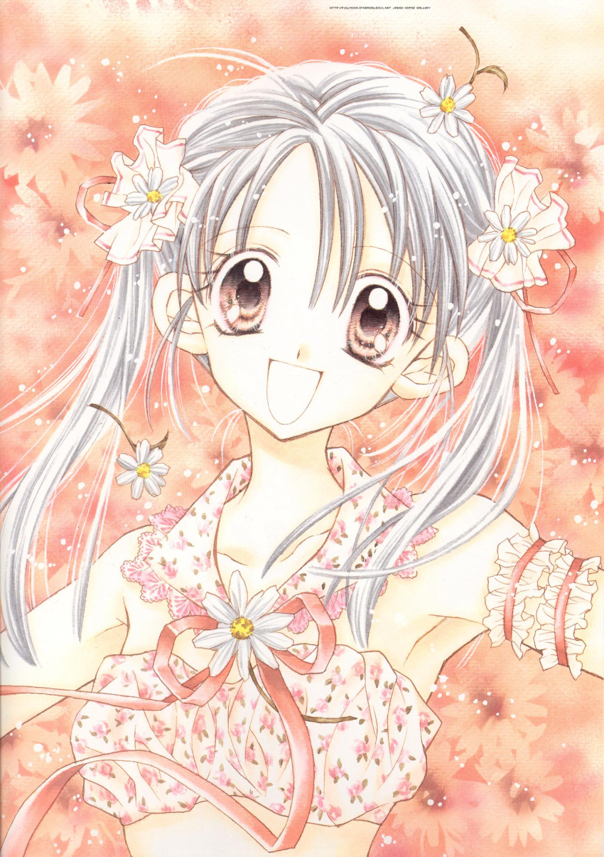 00s 1girl :d arina_tanemura arm_garter brown_eyes crop_top daisy floral_print flower full_moon_wo_sagashite hair_flower hair_ornament highres kouyama_mitsuki lace long_hair looking_at_viewer official_art open_mouth ribbon silver_hair smile solo tanemura_arina traditional_media twintails upper_body