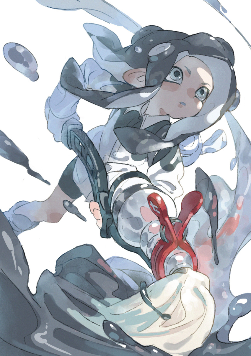 1girl absurdres bike_shorts black_hair black_shorts collared_shirt commentary dark_skin grey_eyes highres holding holding_weapon ink_tank_(splatoon) inkbrush_(splatoon) long_hair long_sleeves makeup mascara octarian octoling paint_splatter parted_lips pointy_ears shirt shoes shorts solo splatoon splatoon_(series) splatoon_2 standing taroji tentacle_hair weapon white_background white_footwear white_shirt