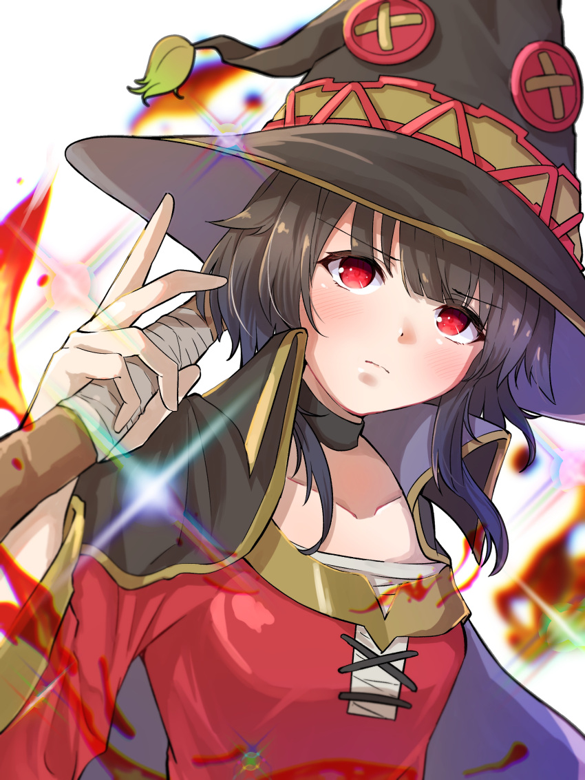 1girl absurdres bangs black_cape black_choker blurry blurry_background blush breasts brown_hair cape choker closed_mouth collarbone commentary dress furrowed_brow hair_between_eyes hat highres holding holding_staff kono_subarashii_sekai_ni_shukufuku_wo! light_frown long_sleeves looking_afar megumin red_dress red_eyes ruriho short_hair short_hair_with_long_locks small_breasts solo sparkle staff upper_body white_background witch_hat