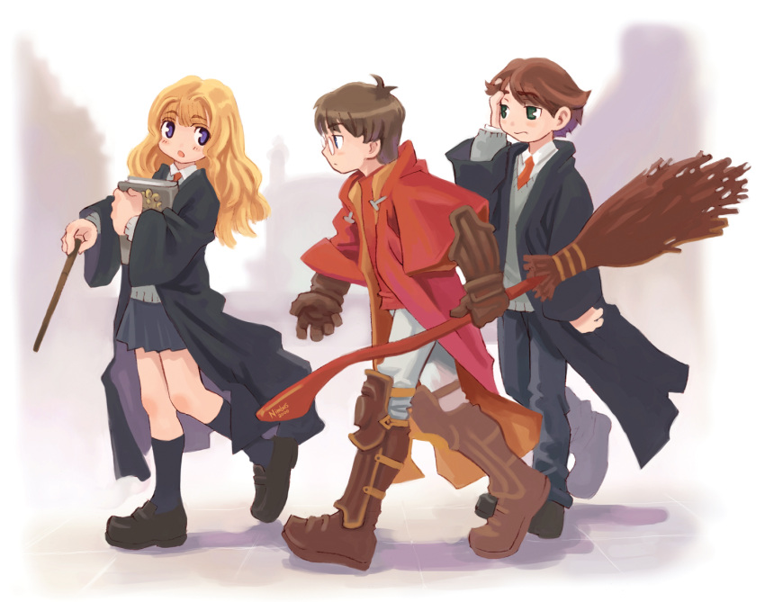 1girl 2boys alternate_costume book broom gauntlets harry_james_potter harry_potter hermione_granger multiple_boys necktie nomura_ryouji robe ron_weasley ryoji_(nomura_ryouji) school_uniform serafuku trio uniform wand