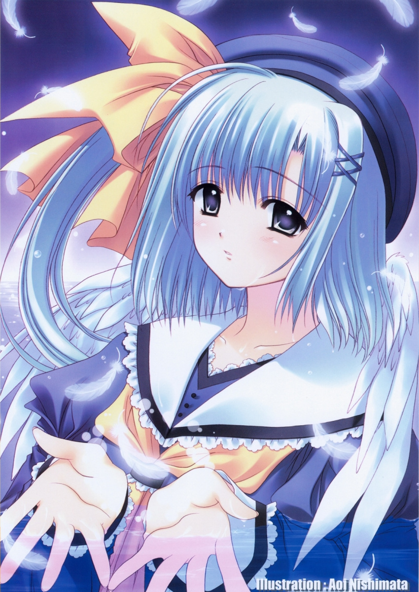 1girl angel artist_name beret bird_wings blue_eyes blue_hair blush feathers hair_ornament hair_ribbon hairclip hat highres in_water juliet_sleeves long_hair long_sleeves looking_at_viewer neckerchief nishimata_aoi one_side_up parted_lips puffy_sleeves ribbon scan solo tears upper_body water wet white_wings wings yellow_ribbon