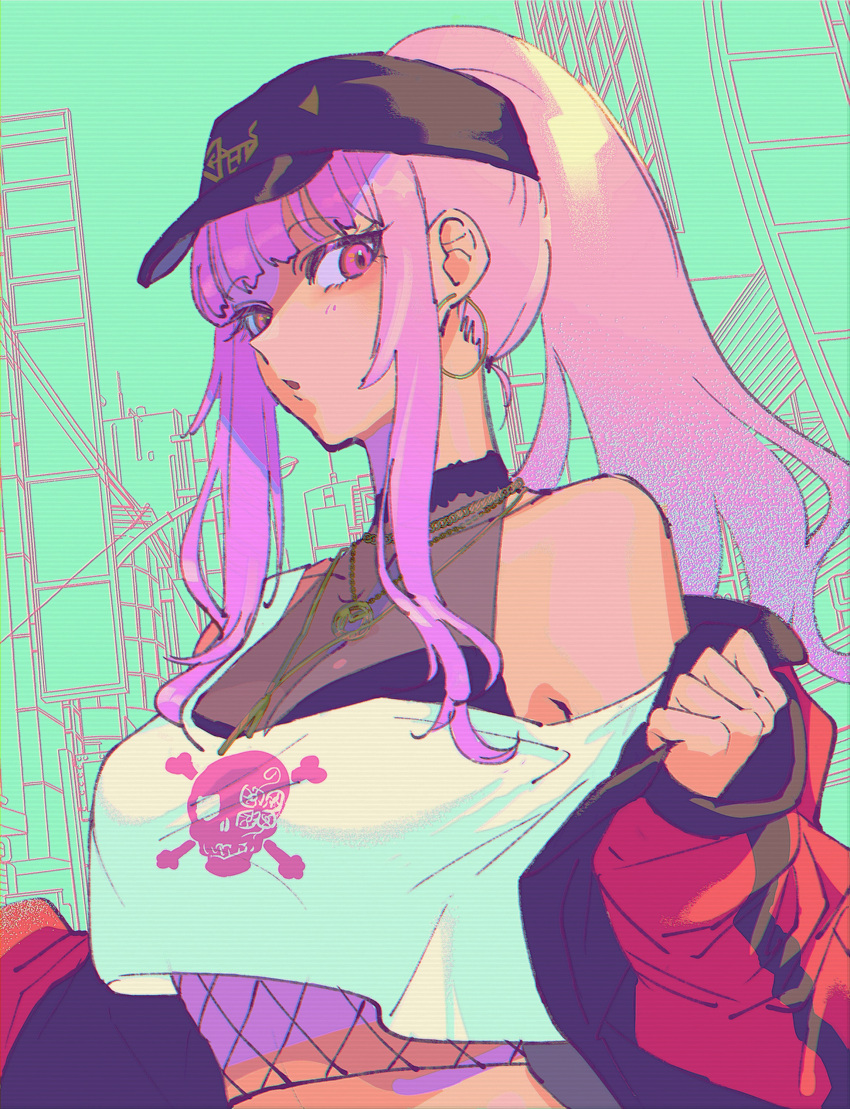 1girl :o absurdres baseball_cap black_headwear breasts crop_top earrings hair_behind_ear halter_top halterneck hat highres hololive hololive_english hoop_earrings jacket jewelry looking_down medium_breasts mori_calliope off_shoulder official_alternate_costume pink_eyes pink_hair ponytail raichi274 red_jacket shirt sleeves_past_wrists solo tied_hair upper_body virtual_youtuber white_shirt