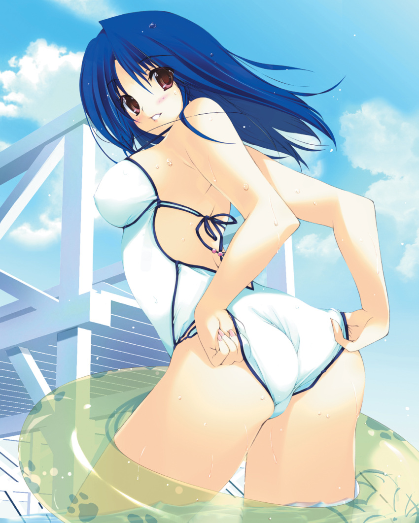 1girl adjusting_clothes adjusting_swimsuit ass back beach blue_hair blush breasts brown_eyes casual_one-piece_swimsuit clouds erect_nipples highres iizuki_tasuku innertube large_breasts looking_back one-piece_swimsuit paw_print sky smile solo swimsuit trefoil wet