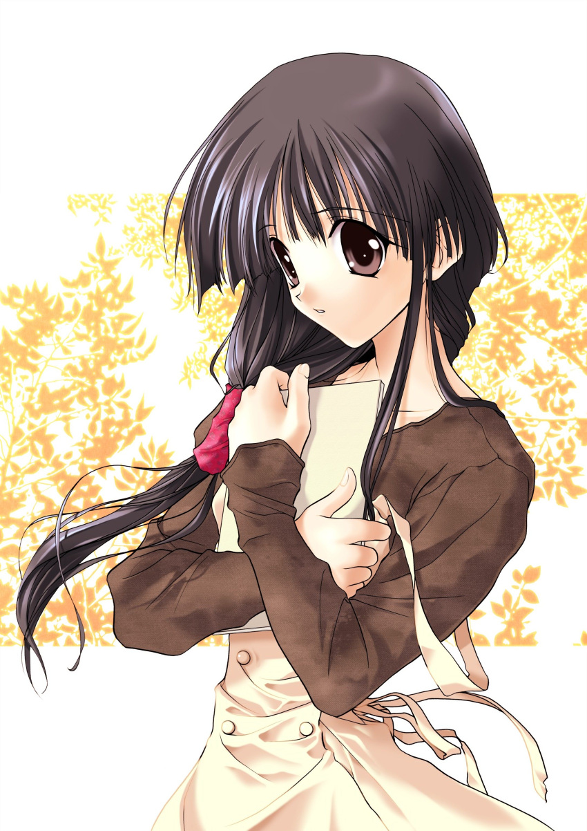 00s 1girl absurdres book book_hug brown_eyes brown_hair comic_party hasebe_aya highres holding holding_book solo strap_slip