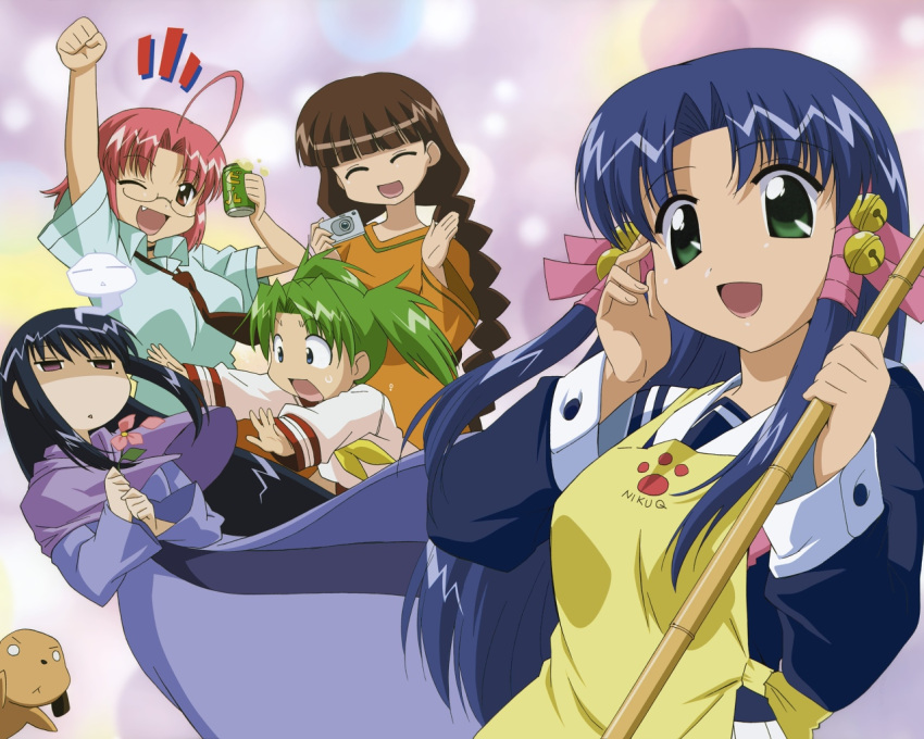 5girls :o ;d ^_^ ahoge alcohol animal aoba_kozue arm_up bamboo beer bell black_hair blue_eyes blue_hair braid brown_hair camera can capelet chanohata_tamami clenched_hand closed_eyes dog dress everyone flower fujii_masahiro ghost green_eyes green_hair hair_tubes holding holding_flower jingle_bell kurosaki_asami kurosaki_sayoko long_hair looking_at_viewer mahoraba momono_megumi multiple_girls one_eye_closed open_clothes open_mouth pink_hair purple_dress shaded_face sidelocks smile soda_can sweatdrop twin_braids two_side_up very_long_hair violet_eyes