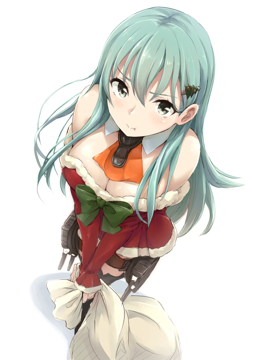 1girl :t aqua_eyes aqua_hair blush breasts brown_legwear cleavage detached_sleeves dress hair_ornament highres hika_(hikara) holding kantai_collection large_breasts long_hair looking_at_viewer red_dress sack santa_costume simple_background solo suzuya_(kantai_collection) thigh-highs turret v_arms white_background