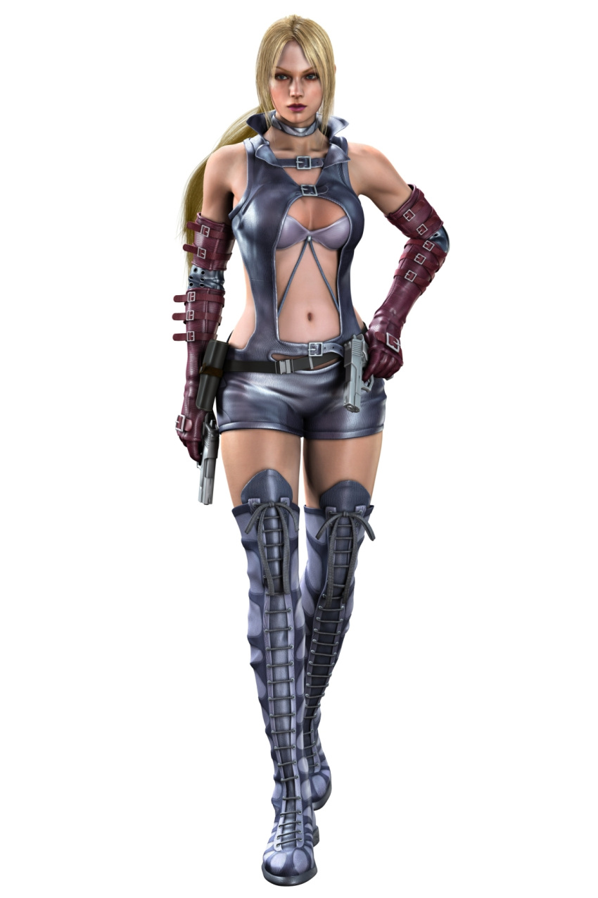 1girl 3d belt blonde_hair buckle_straps death_by_degrees dual_wielding elbow_gloves gloves gun highres holster laceups nina_williams official_art ponytail render solo tekken thigh-highs weapon