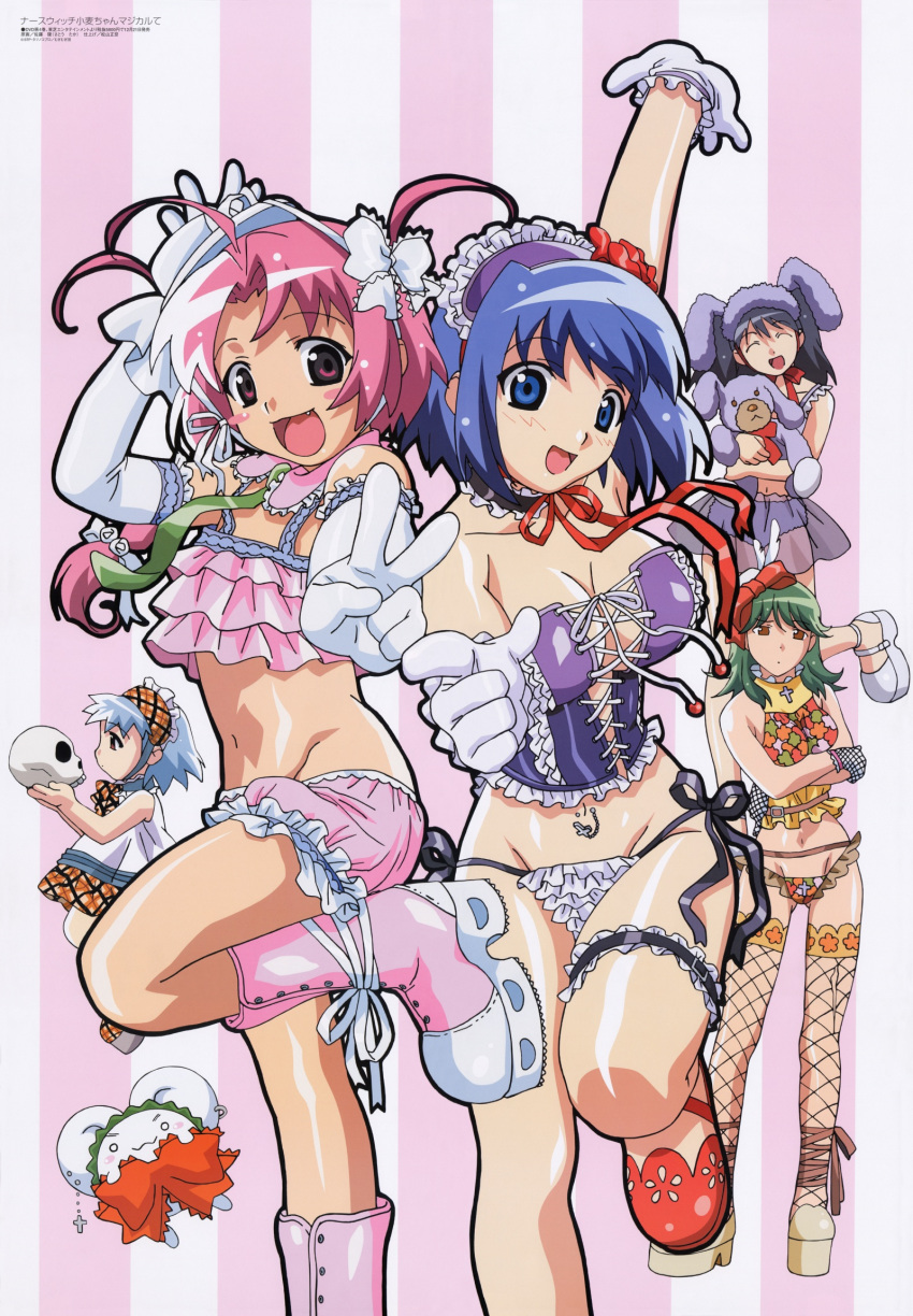 00s 5girls :&lt; :3 :d ^_^ age_difference ahoge akiba_megumi animal_ears ankle_ribbon aqua_hair arm_up bangs bare_shoulders beads bloomers blue_eyes blue_hair blush blush_stickers boots bow braid breasts buckle bustier camisole chemise child choker cleavage closed_eyes corset crop_top cross cross-laced_clothes cross_earrings crossed_arms detached_sleeves dress earrings elbow_gloves fake_animal_ears fang fishnet_gloves fishnet_legwear fishnets flat_chest flipped_hair foreshortening frilled_panties frills from_side front-tie_top garters gloves green_hair groin hair_bow hair_ribbon hairband halterneck happy head_tilt highres hips huge_breasts jewelry kemonomimi_mode knee_boots kokubunji_koyori lace large_breasts leg_garter leg_lift legwear lingerie lolita_hairband long_hair looking_at_viewer low-tied_long_hair lowleg lowleg_panties magazine_scan megami midriff mound_of_venus mugi-maru mugimaru multiple_girls nakahara_komugi navel navel_piercing necktie nurse_witch_komugi-chan nurse_witch_komugi-chan_magikarte o_o official_art one_leg_raised open_mouth outstretched_arm panties parted_bangs piercing pink_boots pink_eyes pink_hair plaid platform_footwear pointing pointing_at_viewer rabbit_ears red_eyes ribbon sakurai_asuka satou_riku satou_taka scan see-through shoes short_dress short_hair side-tie_panties silver_hair simple_background skull smile standing standing_on_one_leg strapless string_panties striped stuffed_animal stuffed_bunny stuffed_toy thigh-highs tied_hair tokisaka_runa torn_clothes torn_thighhighs twintails two_side_up underwear underwear_only v vertical-striped_background vertical_stripes white_gloves white_panties