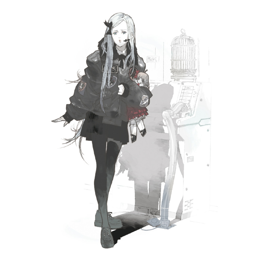 1girl alice_hazel birdcage bomber_jacket cage doll gothic highres jacket long_hair metal_gear_(series) monochrome official_art pantyhose solo spot_color