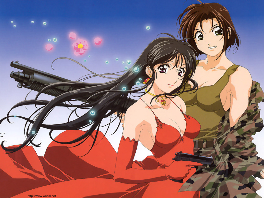 2girls 90s bare_shoulders breasts brown_hair camouflage cleavage dress flower green_eyes gun handgun jewelry kobayakawa_miyuki long_hair looking_at_viewer multiple_girls nakajima_atsuko necklace no_bra pistol red_dress semiautomatic short_hair shotgun smile tank_top trigger_discipline tsujimoto_natsumi wallpaper weapon wind you're_under_arrest