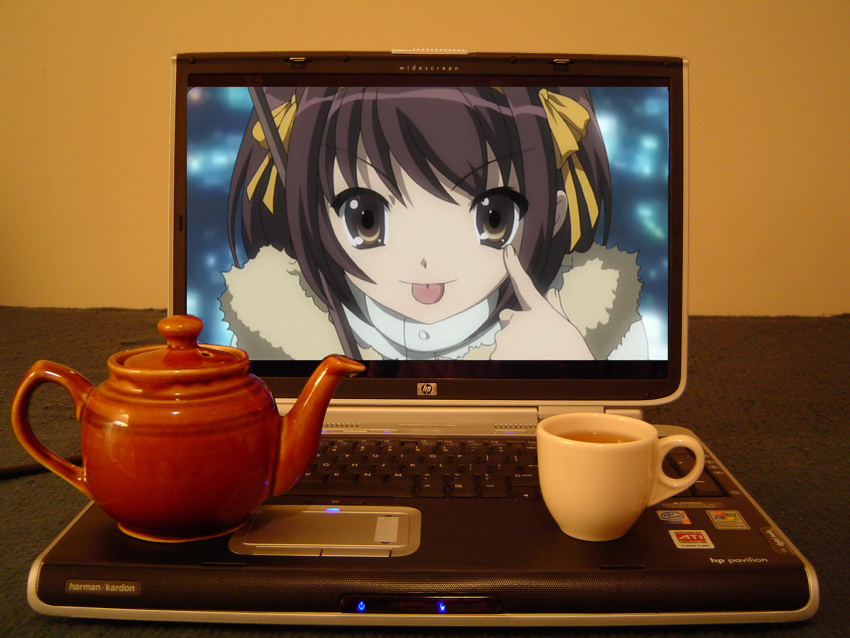 1girl 2d_dating :p brown_hair computer failure hewlett-packard highres laptop lonely photo photoshop short_hair suzumiya_haruhi suzumiya_haruhi_no_yuuutsu tea tongue tongue_out